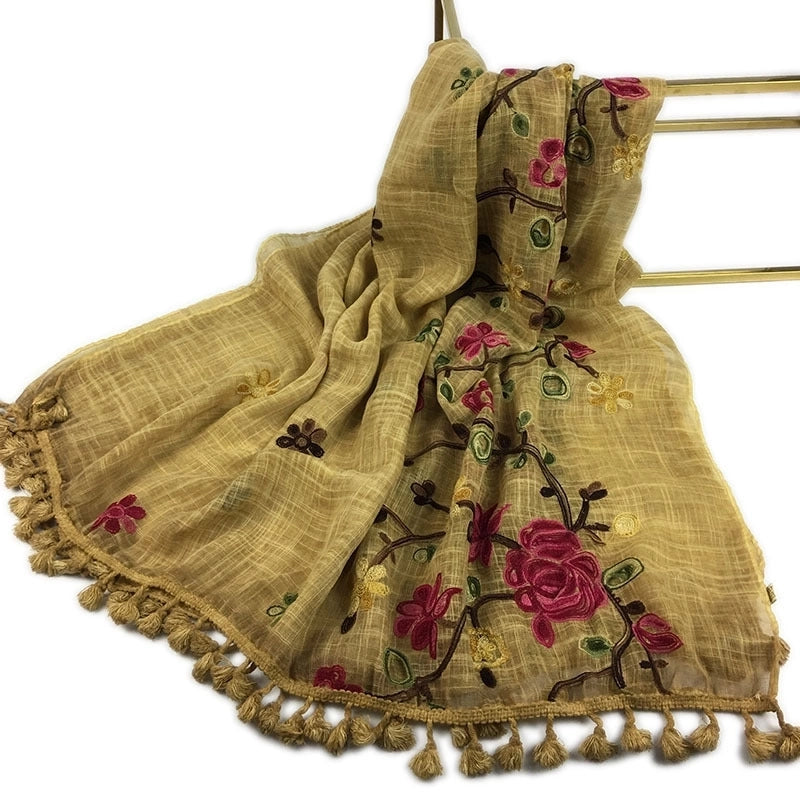 Women's Minimalist Leaves Solid Color Flower Cotton And Linen Embroidery Tassel Scarf Shawl