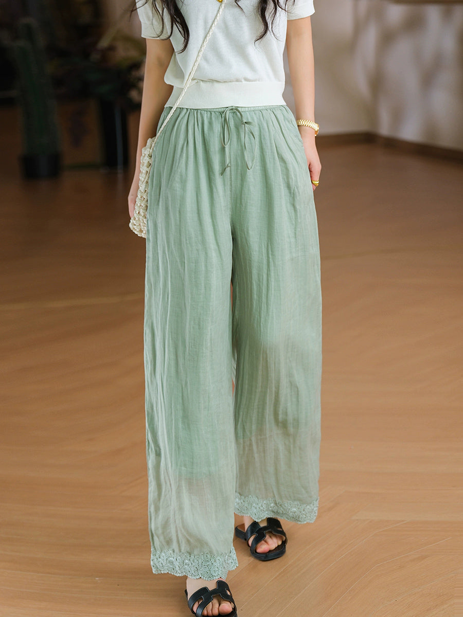 Women Summer Artsy Pure Color 100%Ramie Wide-leg Pants
