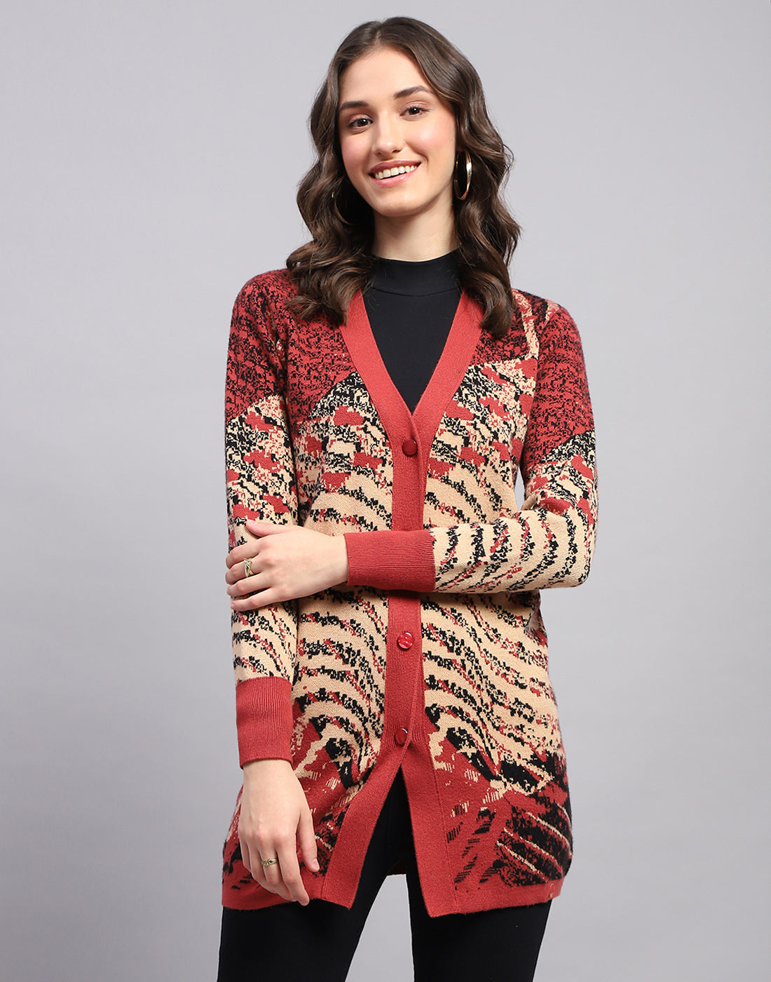 Women Red Self Design V Neck Full Sleeve Cardigan