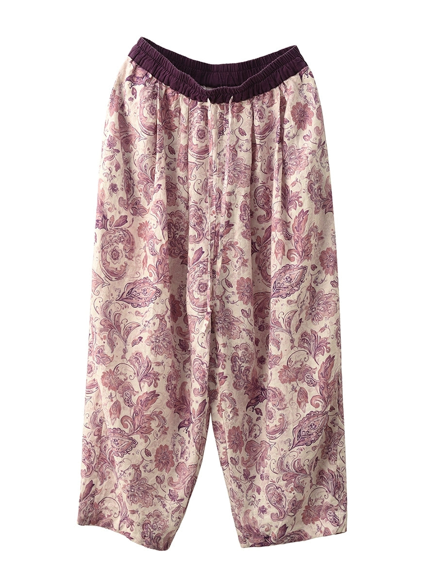 Women Artsy Summer Flower 100%Linen Harem Pants