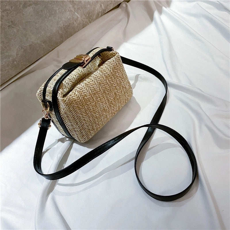 Women's Small Straw Solid Color Elegant Classic Style Square Lock Clasp Shoulder Bag Crossbody Bag Straw Bag