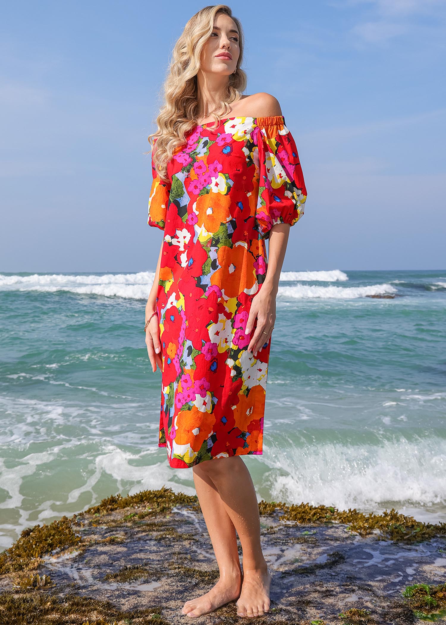 Off Shoulder Balloon Sleeve Midi Dress