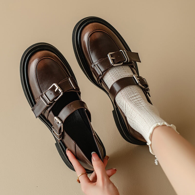 Retro Leather Chunky Mary Janes For Women Round Toe With Double Buckle in Brown/Black