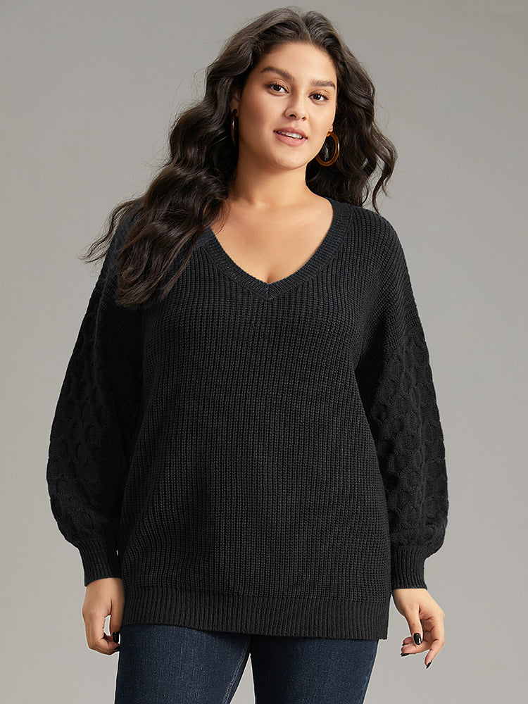 Solid Cable Knit V Neck Drop Shoulder Pullover