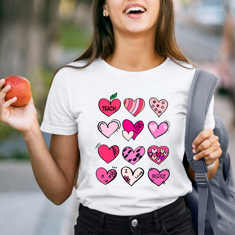 Cartoon Hearts Teach Love Inspire Teacher T-Shirt