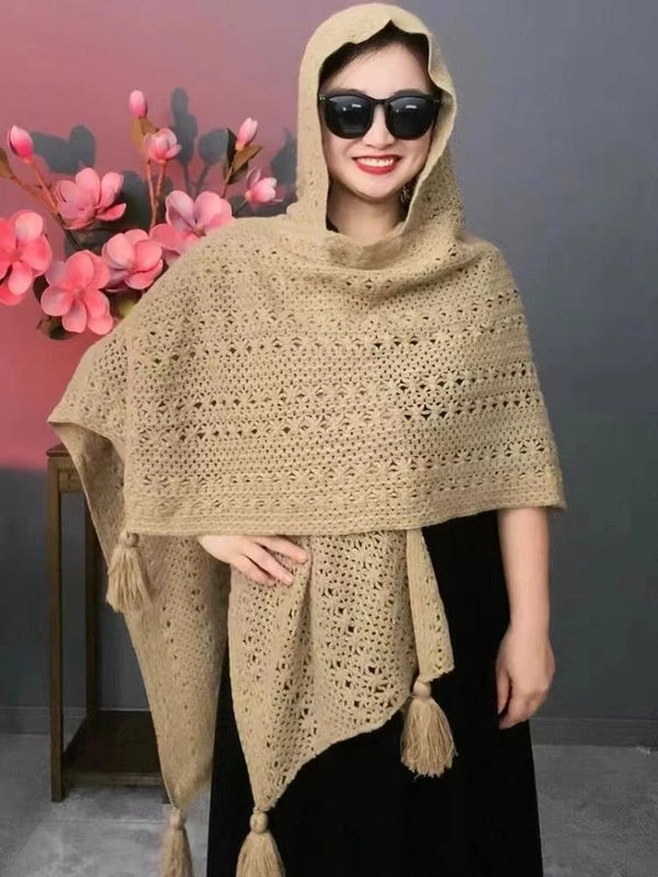 New Autumn And Winter Hooded Butterfly Flower Solid Color Knitted Hollow Temperament Warm Shawl Retro Travel Outerwear