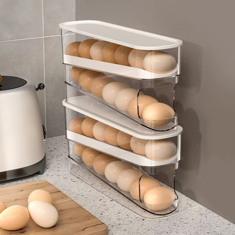 Wholesale 2 Tier Kitchen Automatic Rolling Egg Rack Storage Container Plastic Egg Tray Dispenser