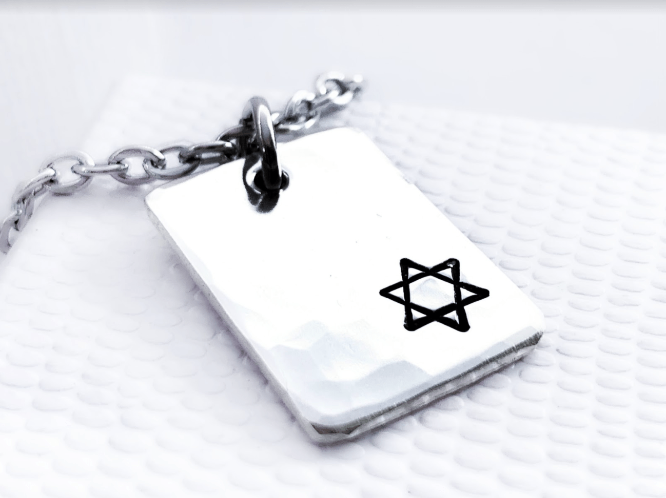 Small Star of David Hammered Rectangle Necklace - Sterling Silver