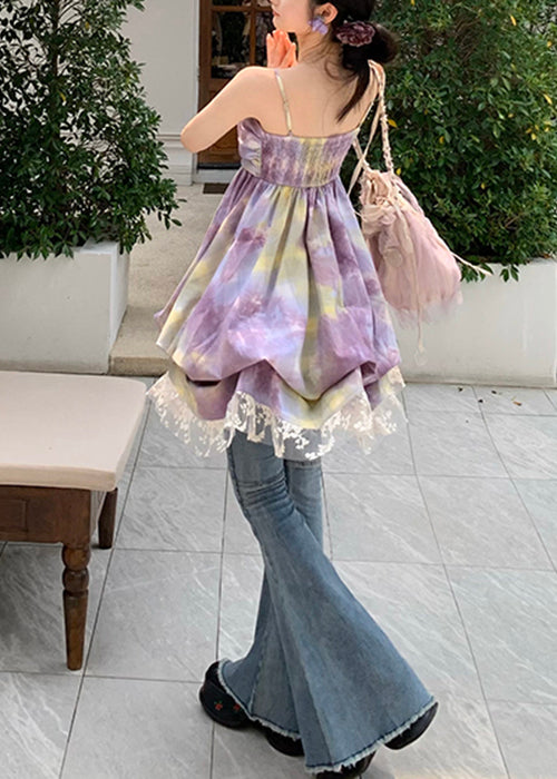 Purple High Waist Cotton Spaghetti Strap Dress V Neck Summer