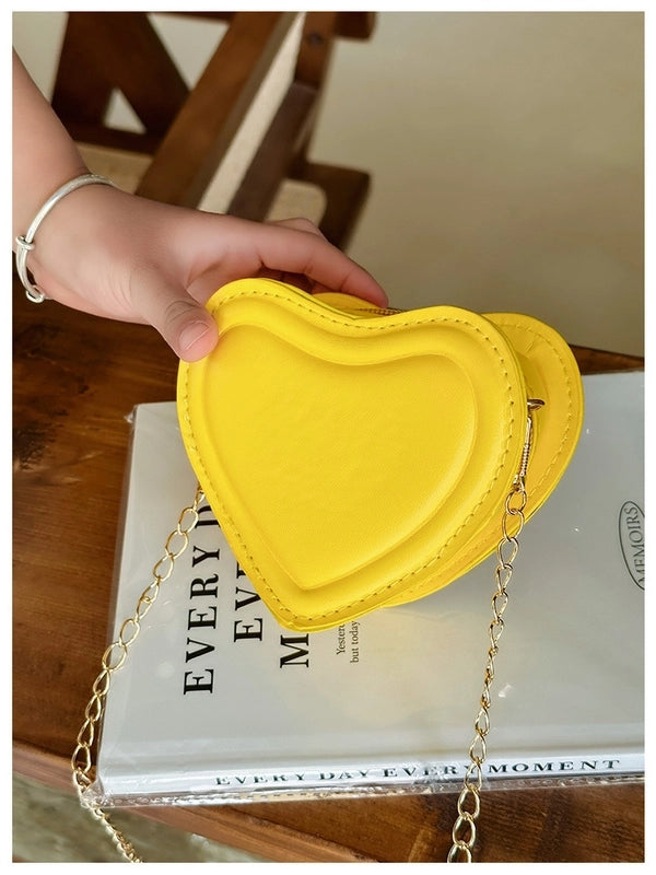 Girl's Pu Leather Heart Shape Solid Color Cute Heart-shaped Zipper Shoulder Bag Crossbody Bag Chain Bag