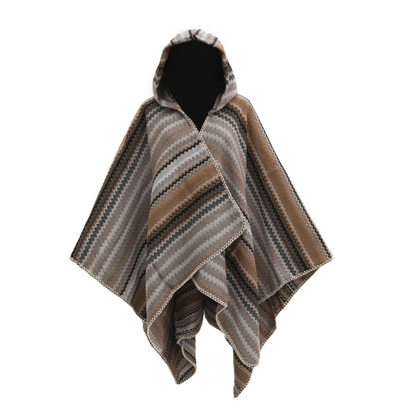 Thick Hat Cape Shawl Autumn And Winter Warm Striped Knitted Shawl Woven Split Cape For Women