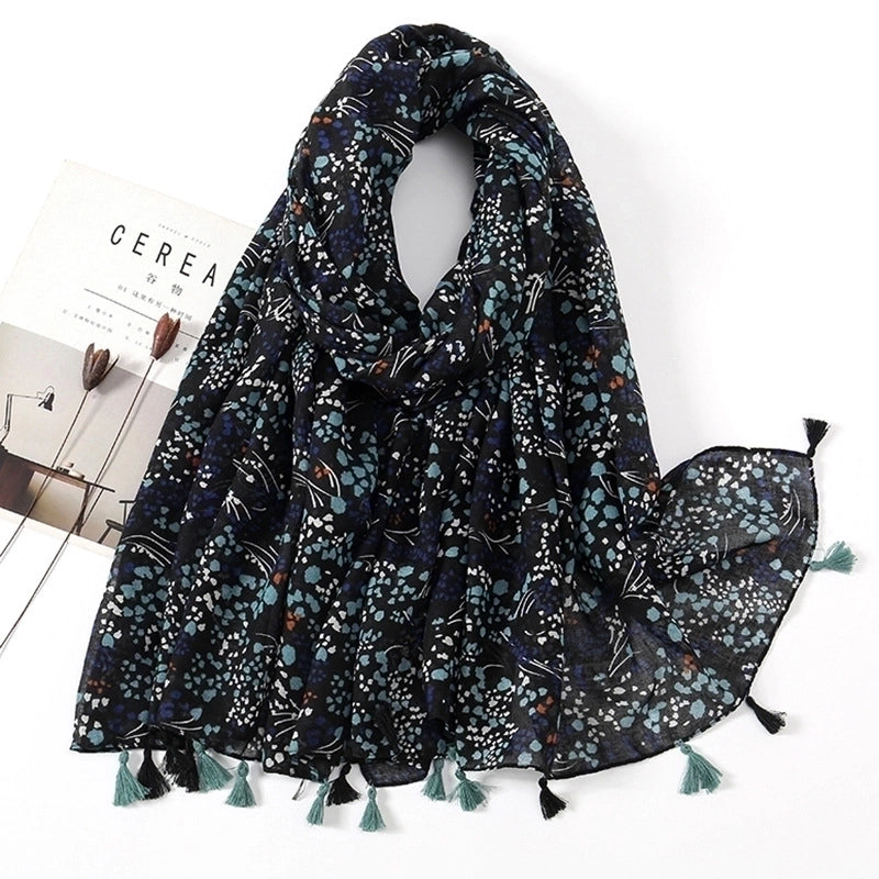 Women'S Sweet Flower Cotton And Linen Tassel Scarf