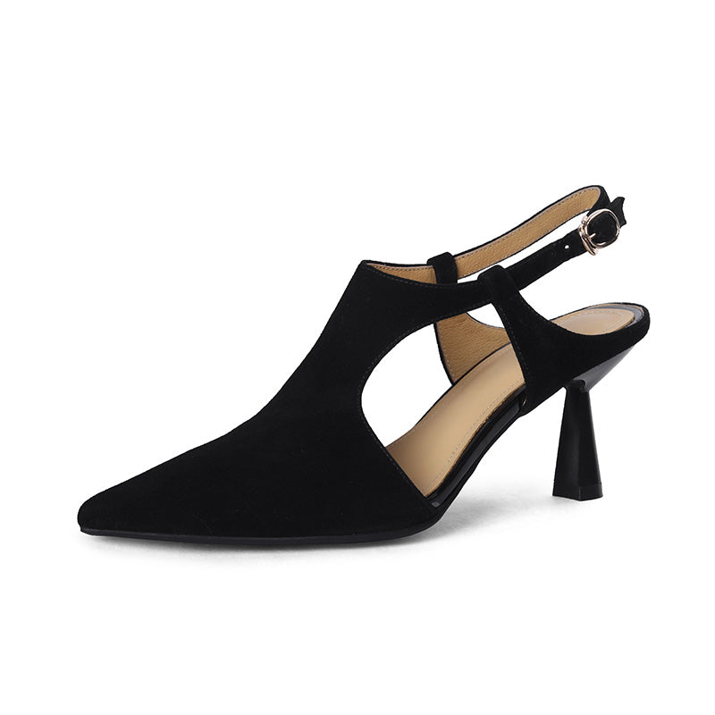 Elegant Pointed Toe Suede Leather Slingback Pumps 70mm Kitten Heel with Buckle Strap in Black/Green