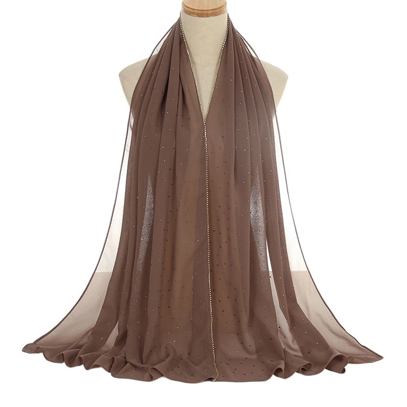 New Rhinestone Chain Pearl Chiffon Long Scarf Casual Diamond Headscarf Scarf Scarf Women's Scarf