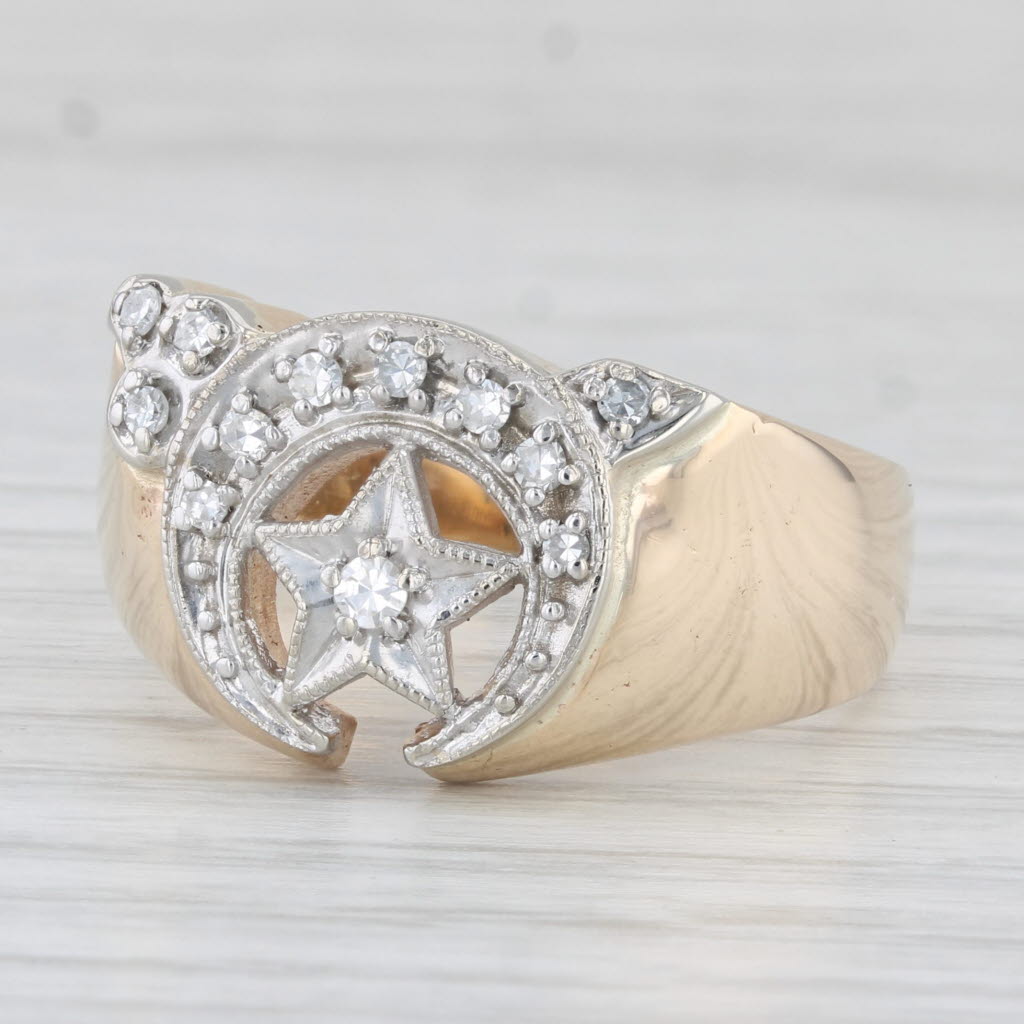 0.15ctw Diamond Shriners Signet Ring 10k Gold Sz 11.5 Masonic Crescent Scimitar