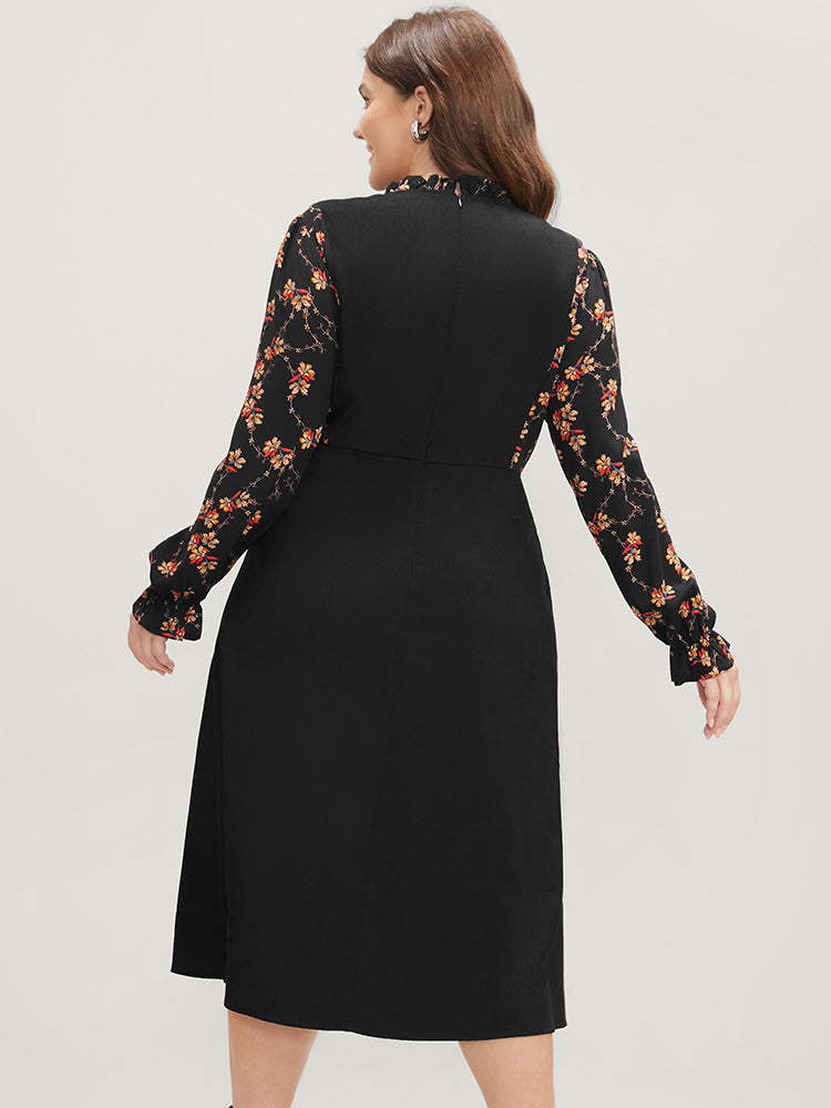 Floral Patchwork Ruffle Trim Pocket Zipper Dress