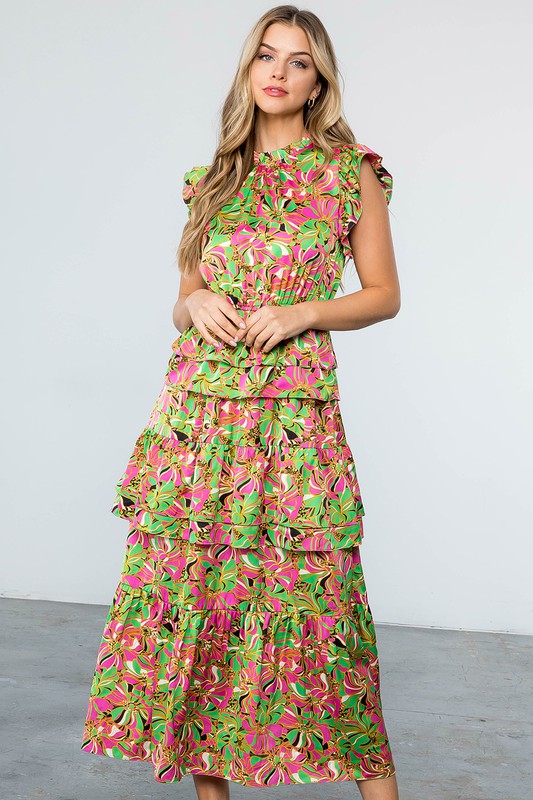 Ruffled Tiered Floral Print Maxi Dress