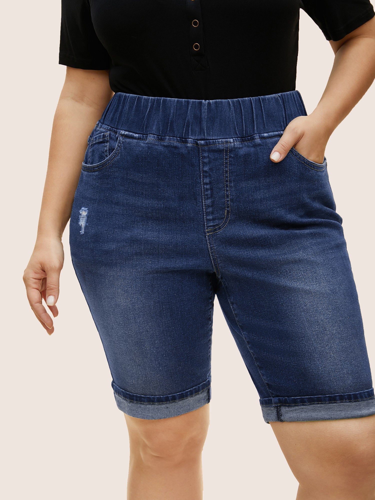Dark Wash Distressed Roll Hem Denim Shorts