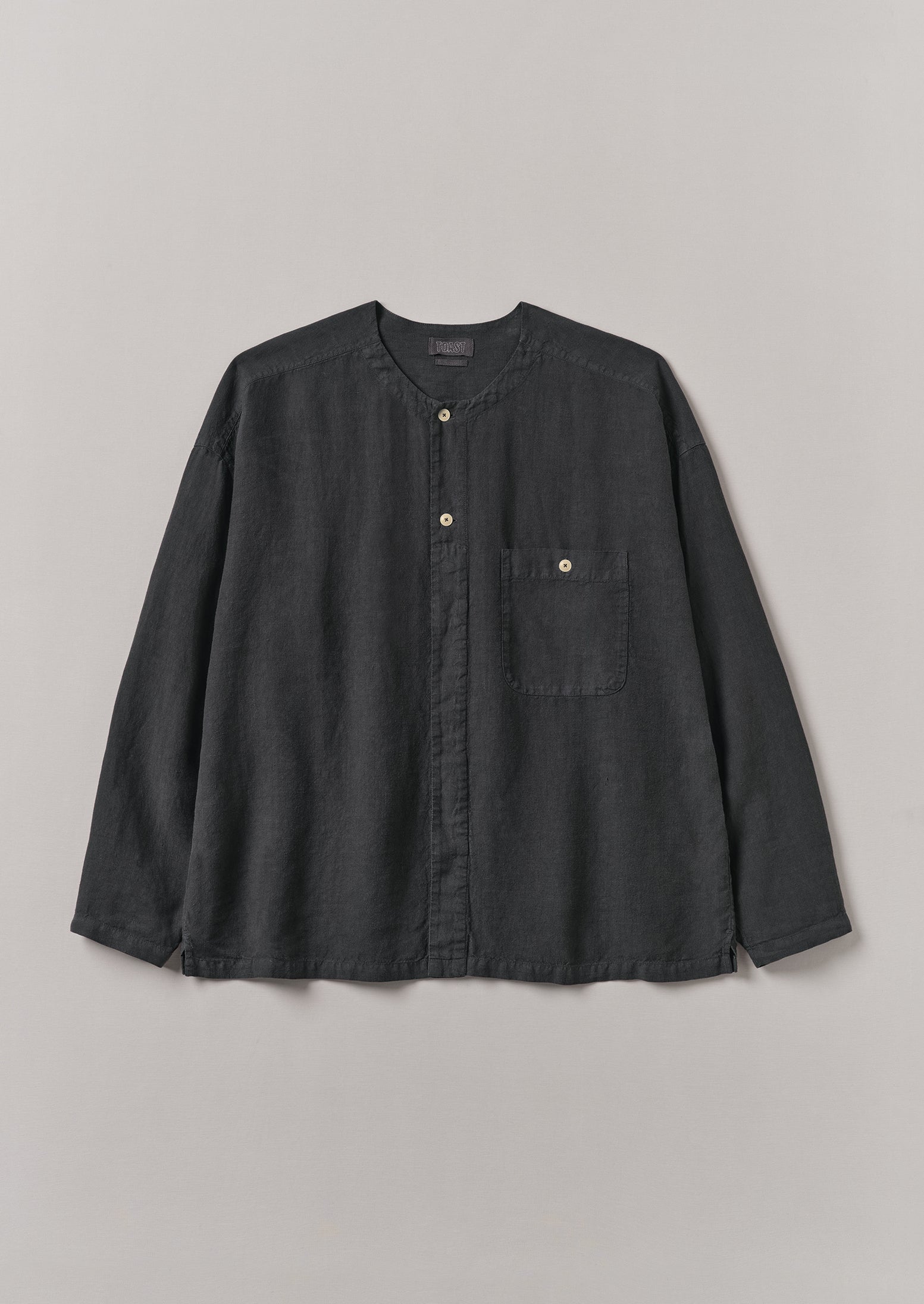 Garment Dyed Linen Collarless Shirt | Black Pepper