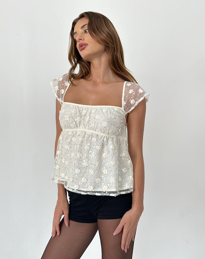 Aloysia Top in Sequin Lace Ivory