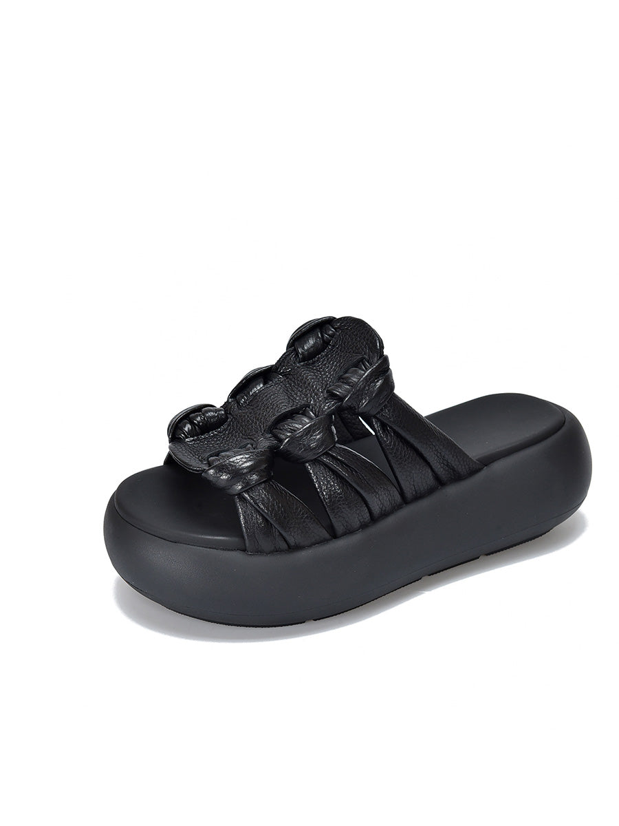 Women Summer Casual Leather Weave Platform Slippers