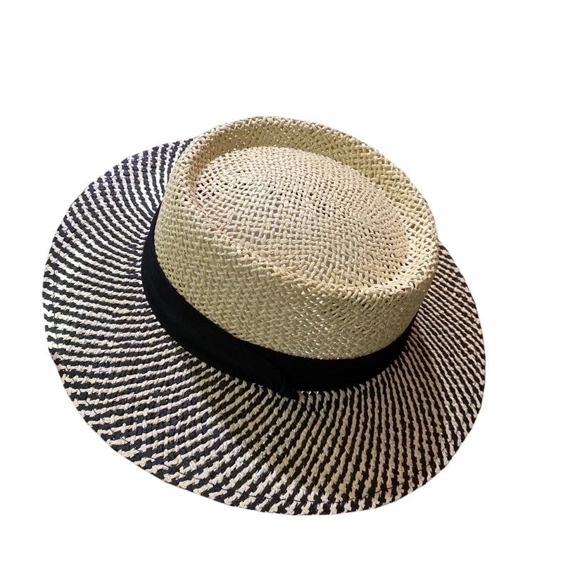 Women's Retro French Style Color Block Straps Wide Eaves Straw Hat