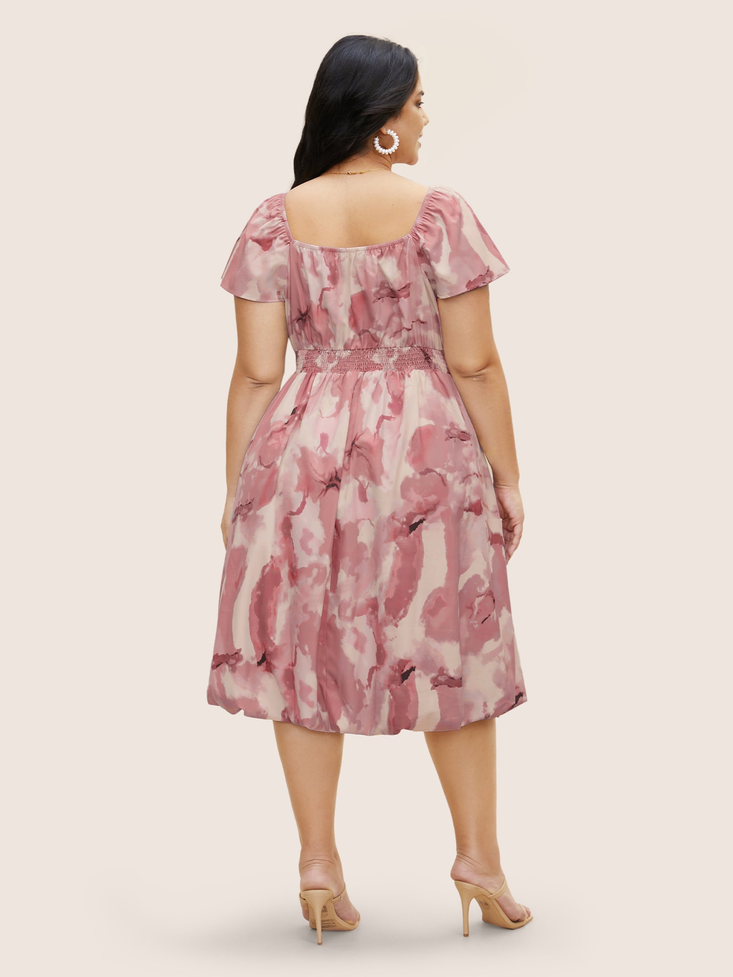 Watercolor Floral Ruffles Shirred Gathered Dress