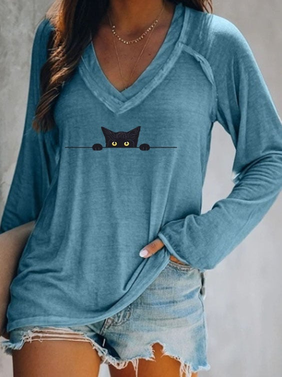 Women's Black Cat Casual V-Neck Long-Sleeve T-Shirt