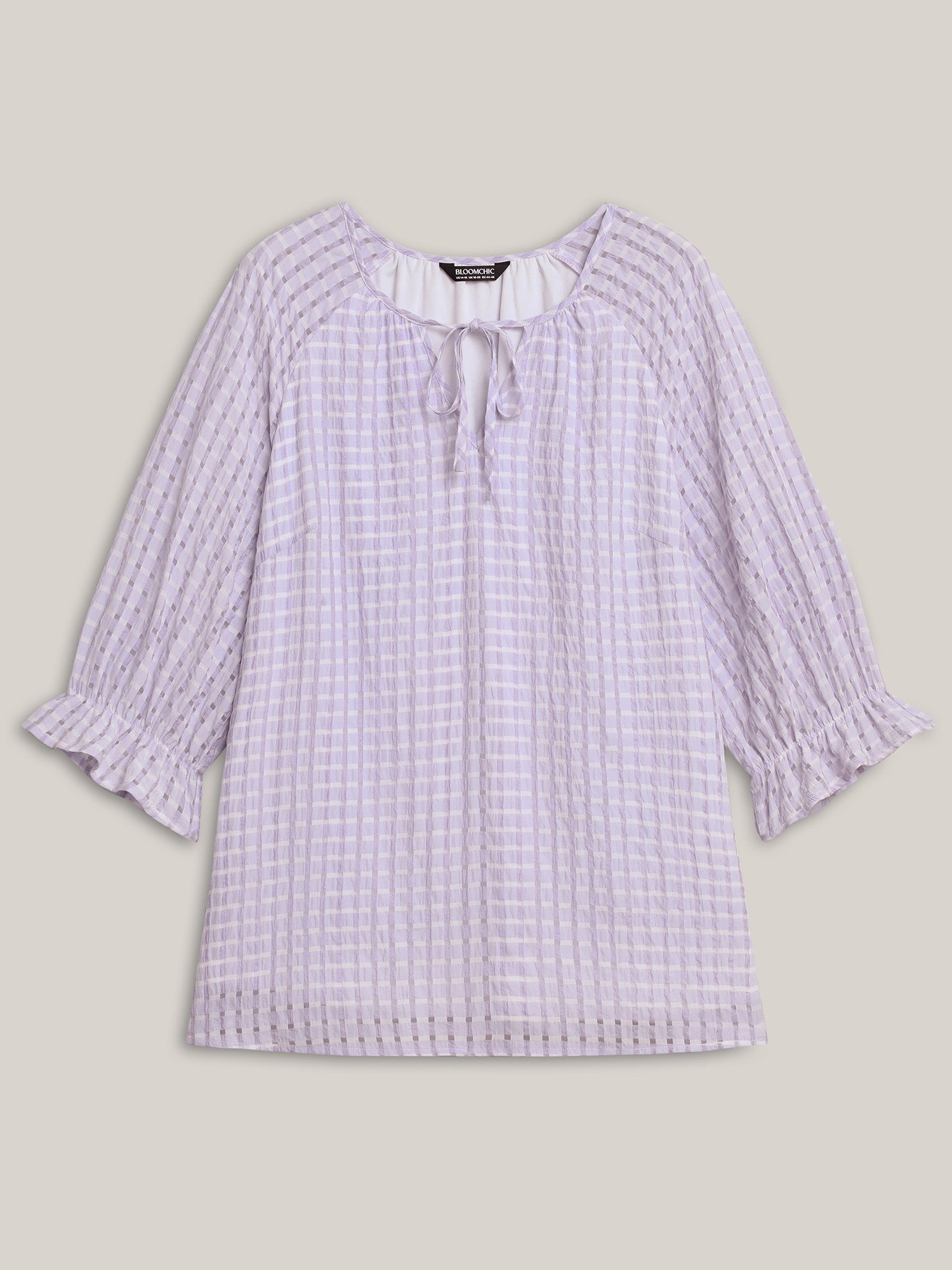 Grid Textured Keyhole Tie Blouse