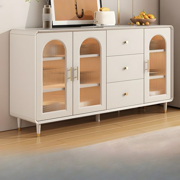 Modern Interiors Glamorous Wood and Stone Cabinet Buffet Cabinet with Glass Doors for Chic Style Home Decor Look