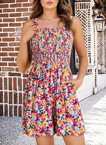 Women's Summer Square Neck Sleeveless Loose Casual Short Smocked Romper