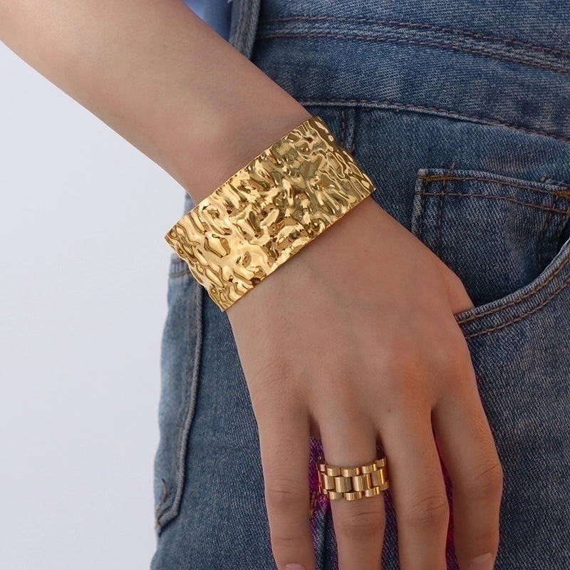 Vintage Style Punk Double Ring Waves Floral Titanium Steel 18K Gold Plated Bangle In Bulk