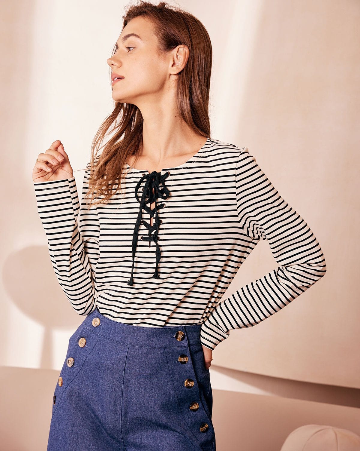 The White Tie Neck Striped Long Sleeve Tee