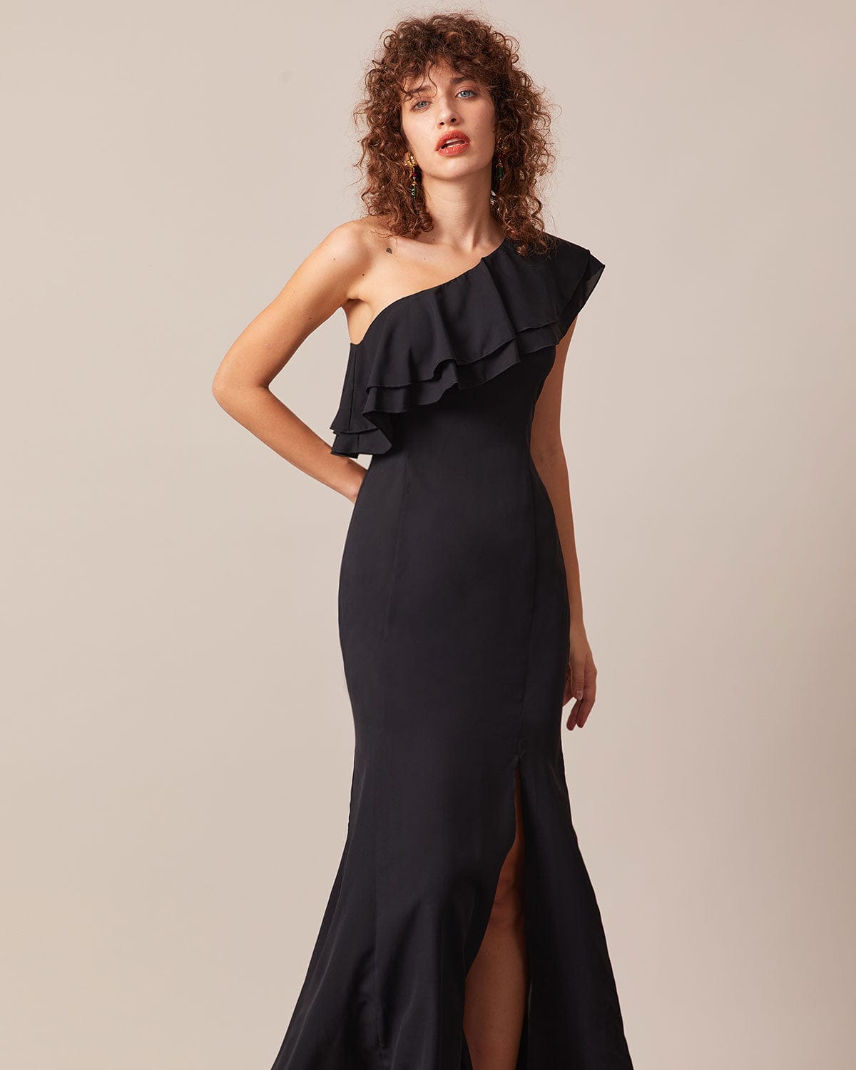 The Black One Shoulder Flounce Maxi Dress