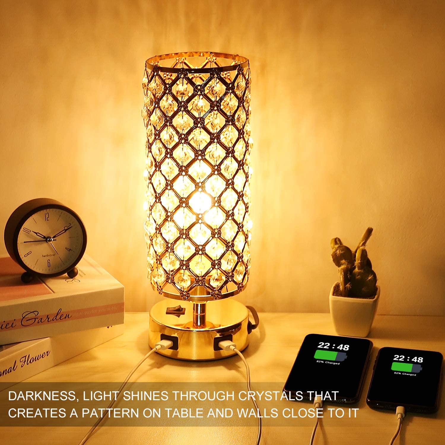 USB Crystal Table Lamp. Gold Table Lamp with Dual USB Charging Ports