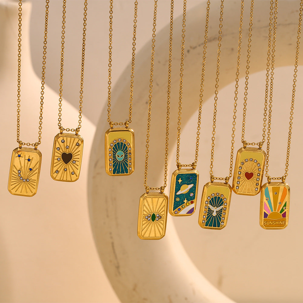 Ins Fashion Niche Geometric Square Retro Pendant Stainless Steel Plated 18K Gold Drop Oil Tarot Necklace Female