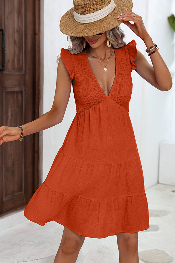 Solid Color Smocked Ruffle Hem Mini Dress