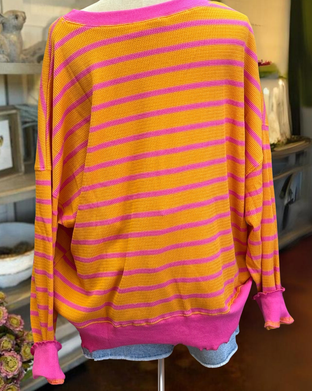 Contrast Stripe Waffle Pullover