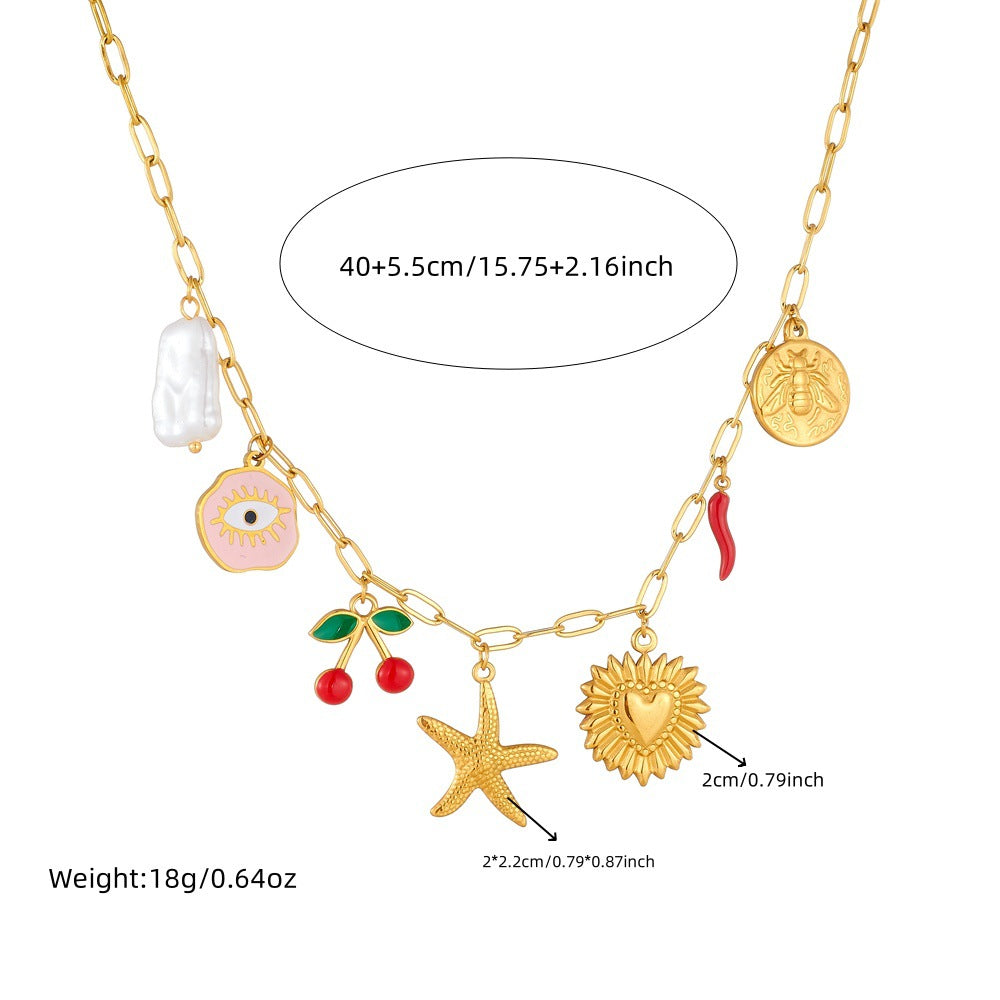 Fashion Cartoon Fruit Cherry Oil Drop Pendant Love Eyes Starfish Stainless Steel Chain Women'S Necklace