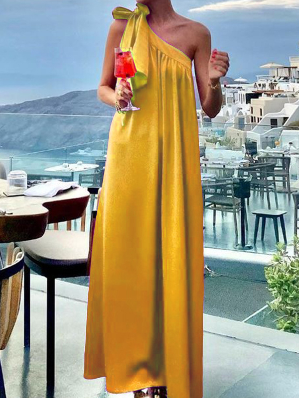 A-Line Loose Asymmetric Pleated Solid Color Tied One-Shoulder Maxi Dresses