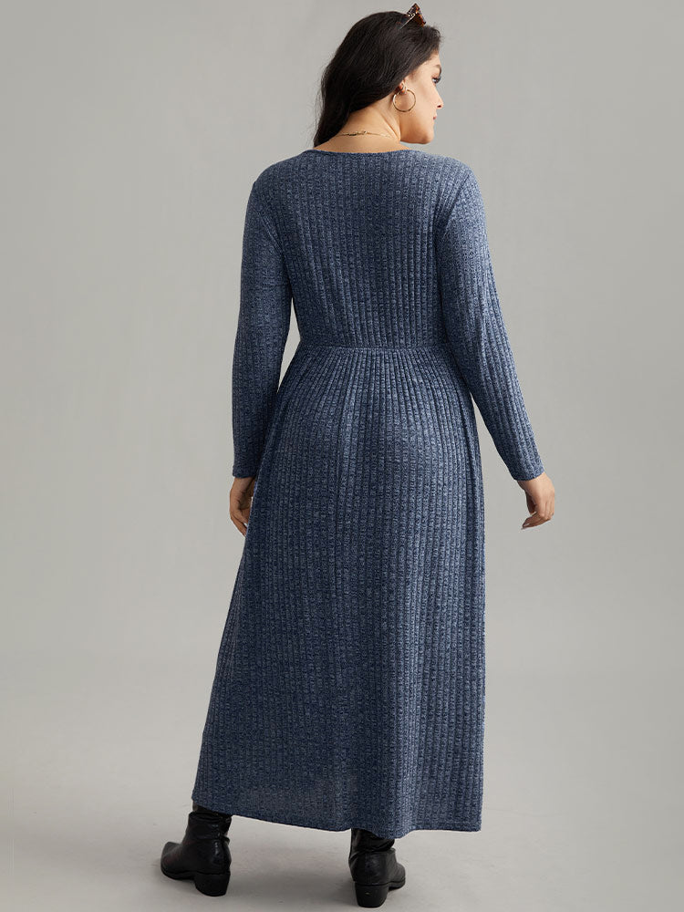 Solid Rib Knit Overlap Collar Pocket Dress