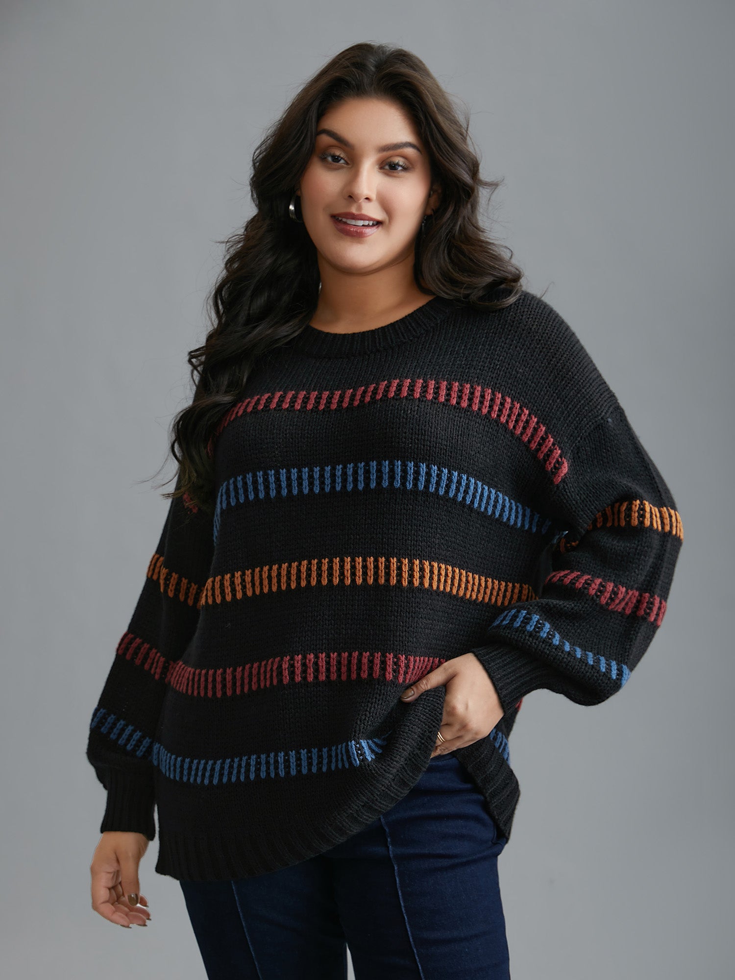 Multi-Color Stripes Textured Crew Neck Pullover