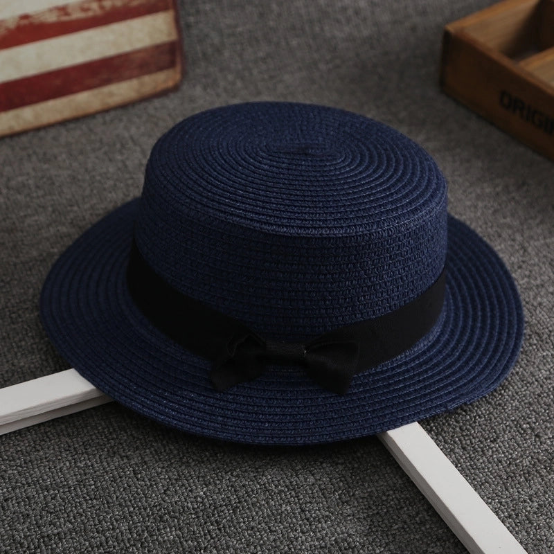 Straw Hat Female Summer British Retro Flat Top Beach Travel Hat