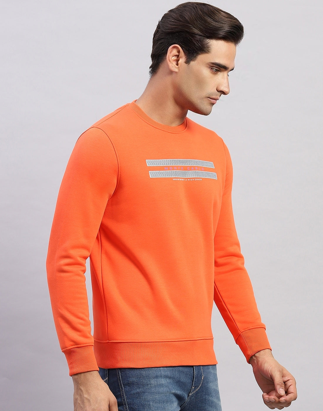 Men Orange Printed Round Neck Full Sleeve Sweatshirt