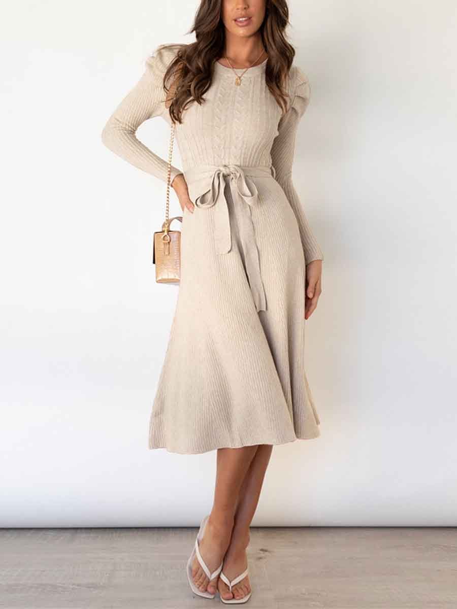 Bubble Sleeve Belt Knit Dress (5 colors)