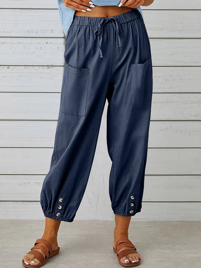 Solid Color Casual With Pocket Buttons Cotton Linen Trousers