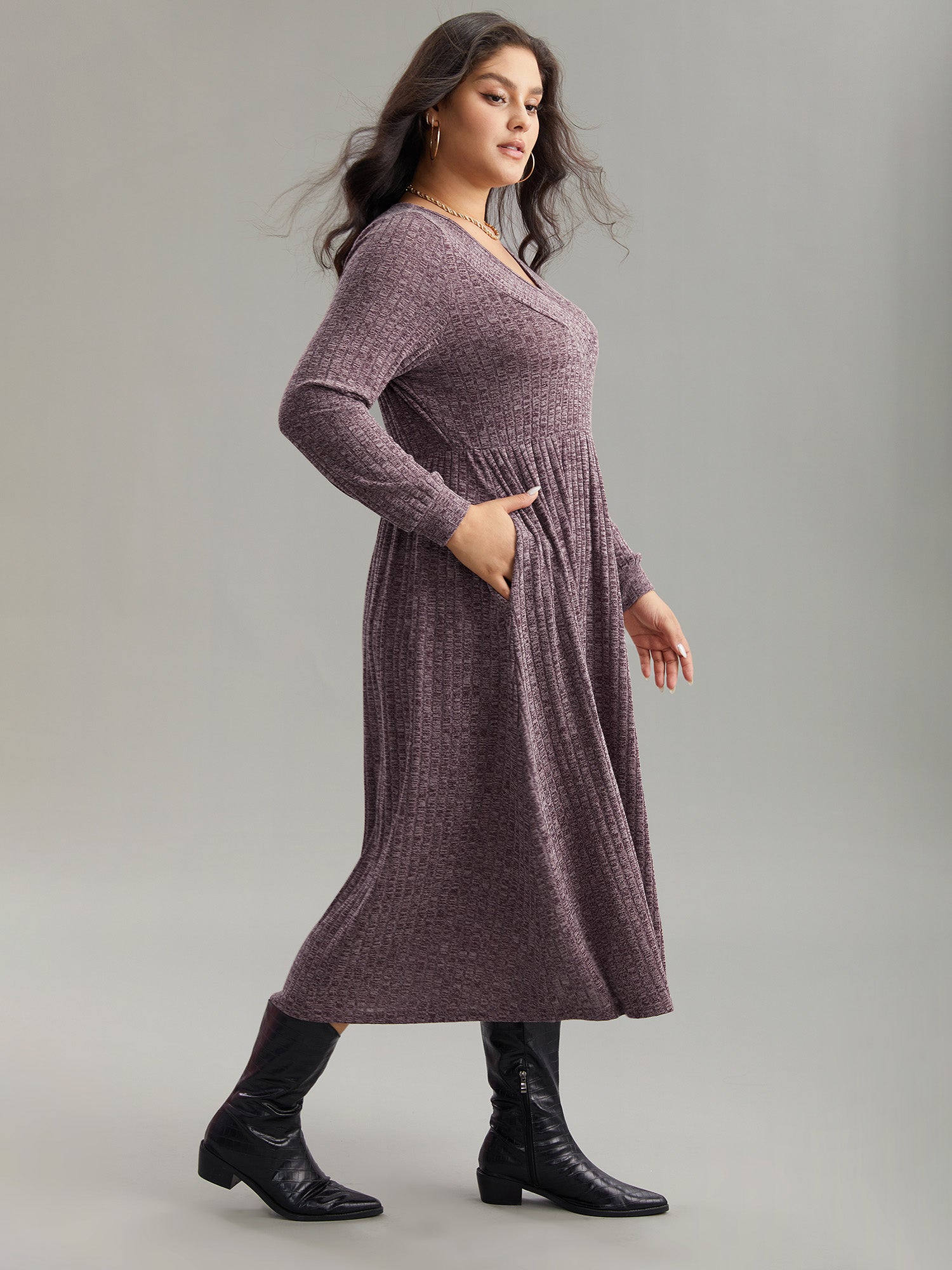 Rib Knit Plain Plisse Long Sleeve Dress