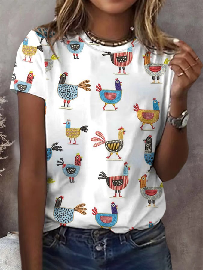 Women'S Funny Farm Chicken Art Print Short Sleeve T-shirt