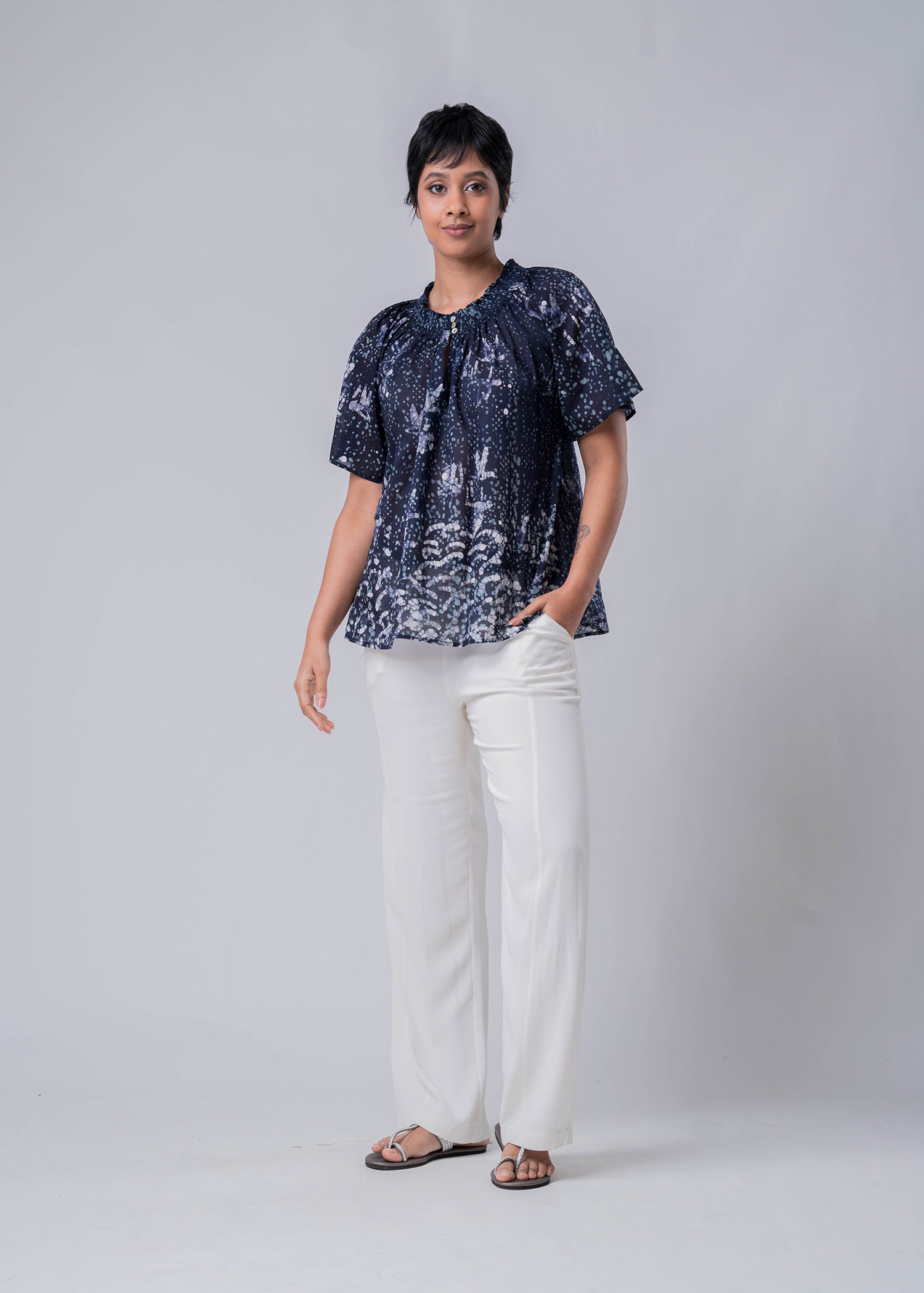 Batik Top Detailed With Ruffle  Neck