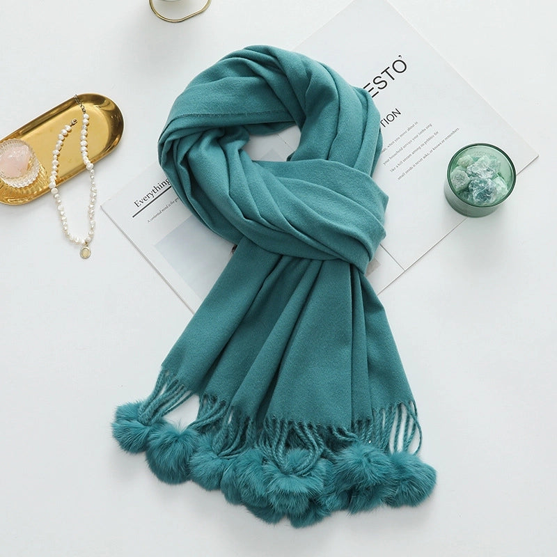Cashmere Wool Scarf Women's Autumn And Winter High-grade Solid Color Ball Scarf Shawl Fur Ball Imitation Cashmere Scarf